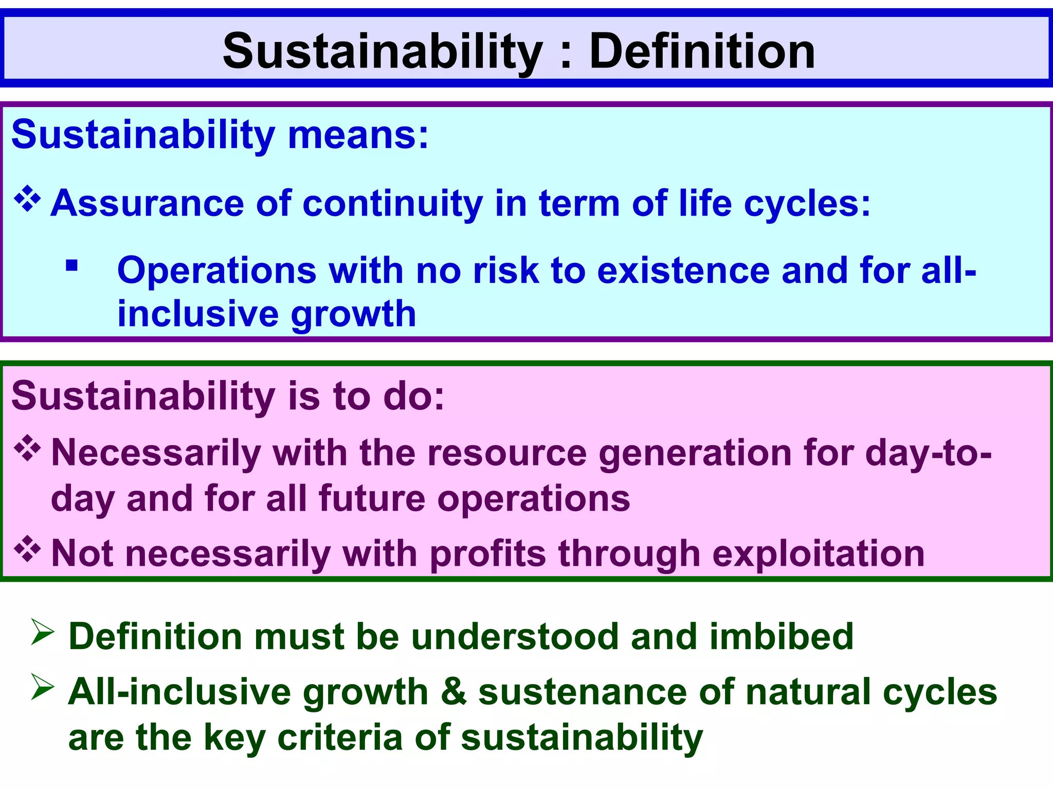 Sustainability : Definition
Sustainability means:
Assurance of continuity in term of life cycles:
 Operations with no risk to existence and for all-
inclusive growth
Sustainability is to do:
Necessarily with the resource generation for day-to-
day and for all future operations
Not necessarily with profits through exploitation
 Definition must be understood and imbibed
 All-inclusive growth & sustenance of natural cycles
are the key criteria of sustainability
 