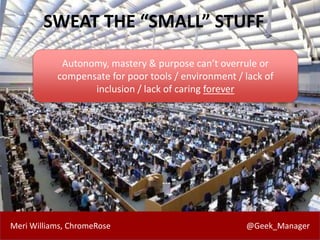 Meri Williams, ChromeRose @Geek_Manager
SWEAT THE “SMALL” STUFF
Autonomy, mastery & purpose can’t overrule or
compensate for poor tools / environment / lack of
inclusion / lack of caring forever
 