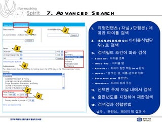7. Advanced Search 유형컨텐츠 ( 저널 / 단행본 ) 에 따라 타이틀 검색 ISSN/ISBN/DOI( 아티클식별단위 ) 로 검색 검색필드 조건에 따라 검색 -  Summary :  아티클 초록  - Article Title :  아티클 명  - Keywords :  저자가 정한 핵심 (key) 단어  - Author :  “ 성 또는 성 , 이름 ” 순으로 입력  - Publication Year:  출판연도  - Affiliations:  저자의 상세 주소 4.  선택한 주제 저널 내에서 검색 출판년도를 지정하여 제한검색 검색결과 정렬방법 -  날짜  ,  관련성 ,  페이지 당 결과 수  1 2 3 4 6 5 