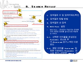 8.  Search Result 검색결과 수 및 검색키워드확인 검색결과 정렬 방법 검색결과 내 검색 RSS Feed  설정 RSS Feed :  관심있는 저널 또는 관심분야의 새로운 정보를 실시간으로 제공하는 서비스 5-1.  선택한 아티클을 관심있는  Favorites  리스트 추가 /Summary 보기 / 색인 다운로드 5-2.  해당 아티클  Summary  및 원문 다운로드 / Favorites  리스트 추가 / 관련된  Article  검색 1 2 3 4 5-1 5-2 
