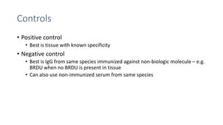 Controls
• Positive control
• Best is tissue with known specificity
• Negative control
• Best is IgG from same species immunized against non-biologic molecule – e.g.
BRDU when no BRDU is present in tissue
• Can also use non-immunized serum from same species
 