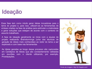 Ideação
Fonte de imagem: http://br.freepik.com/
Essa fase tem como intuito gerar ideias inovadoras para o
tema do projeto e, para isso, utilizam-se as ferramentas de
síntese criadas na fase de análise para estimular a criatividade
e gerar soluções que estejam de acordo com o contexto do
assunto trabalhado.
A fase de ideação geralmente se inicia com a equipe de
projeto realizando Brainstormings (uma das técnicas de
geração de ideias mais conhecidas) ao redor do tema a ser
explorado e com base nas ferramentas
As ideias geradas ao longo desse processo são capturadas
em Cardápios de Ideias que são constantemente validadas
em reuniões com o cliente utilizando, por exemplo,
Prototipações.
 