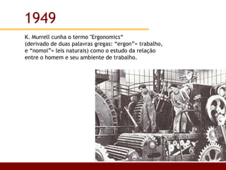 K. Murrell cunha o termo "Ergonomics“ (derivado de duas palavras gregas: “ergon”= trabalho, e “nomoi”= leis naturais) como o estudo da relação entre o homem e seu ambiente de trabalho. 1949 