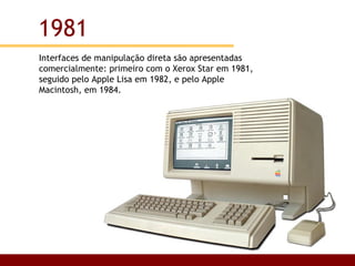 Interfaces de manipulação direta são apresentadas comercialmente: primeiro com o Xerox Star em 1981, seguido pelo Apple Lisa em 1982, e pelo Apple Macintosh, em 1984. 1981 