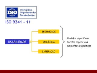 ISO 9241 - 11 USABILIDADE EFETIVIDADE EFICIÊNCIA SATISFAÇÃO Usuários específicos Tarefas específicas Ambientes específicos 