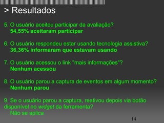 ||||||||||||||||||||||||||||||||||||||||||||||||||||||||||||||||||||||||||||||||||||

   > Resultados
   5. O usuário aceitou participar da avaliação?
       54,55% aceitaram participar

   6. O usuário respondeu estar usando tecnologia assistiva?
       36,36% informaram que estavam usando

   7. O usuário acessou o link "mais informações"?
       Nenhum acessou

   8. O usuário parou a captura de eventos em algum momento?
       Nenhum parou

   9. Se o usuário parou a captura, reativou depois via botão
   disponível no widget da ferramenta?
      Não se aplica
                                                                                       14
 