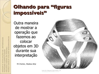 Olhando para “figuras impossíveis” Por que estudar IHC ? Heloísa Vieira da Rocha - IHC'2002 Outra maneira de mostrar a operação que fazemos ao colocar objetos em 3D durante sua interpretação M C Escher,  Moebius Strip DESIGN E AVALIAÇÃO DE  INTERFACES HUMANO-COMPUTADOR  HELOÍSA VIEIRA DA ROCHA -  MARIA CECÍLIA CALANI BARANAUSKAS 