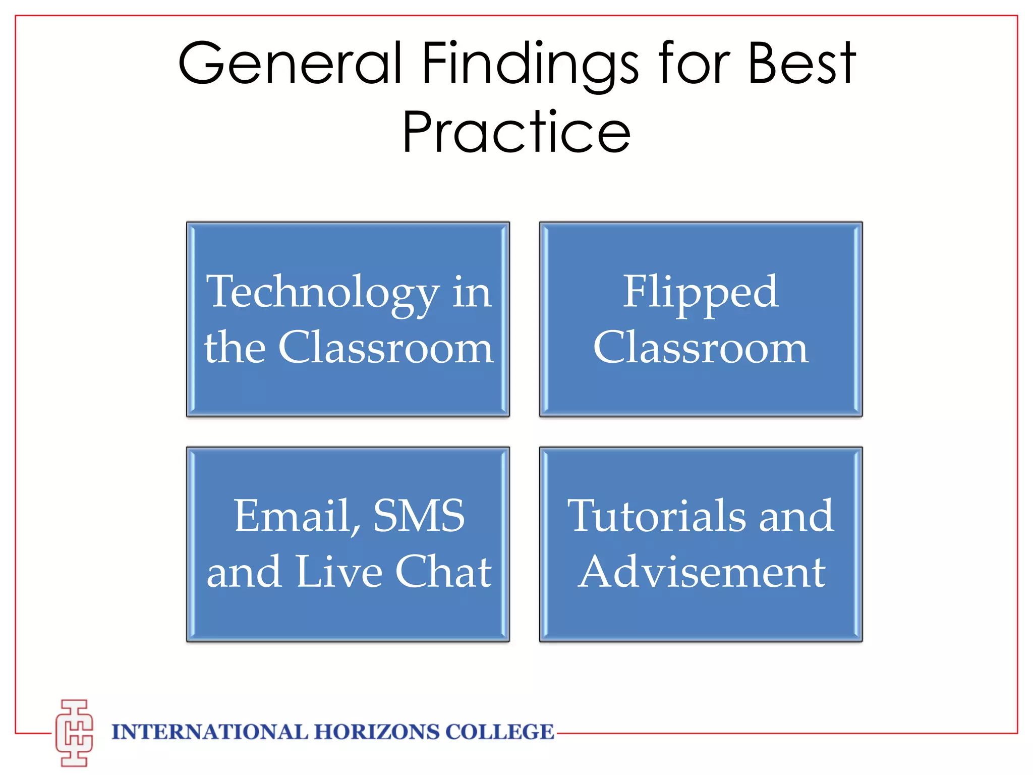 General Findings for Best
Practice
Technology in
the Classroom

Flipped
Classroom

Email, SMS
and Live Chat

Tutorials and
Advisement

 