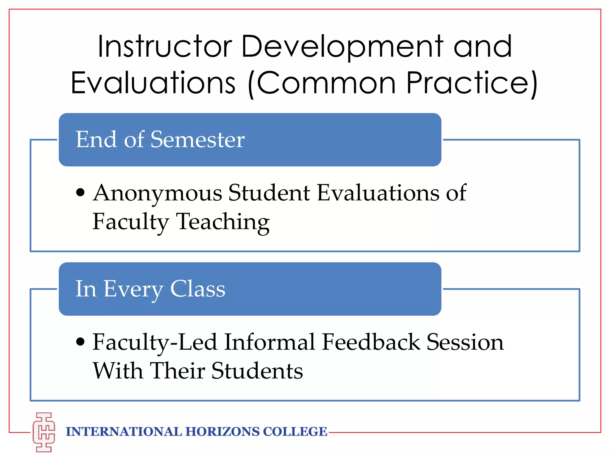Instructor Development and
Evaluations (Common Practice)
End of Semester
• Anonymous Student Evaluations of
Faculty Teaching
In Every Class

• Faculty-Led Informal Feedback Session
With Their Students

 