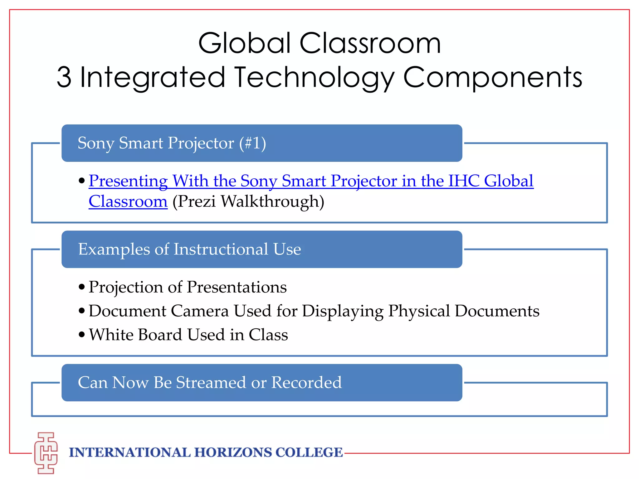 Global Classroom
3 Integrated Technology Components
Sony Smart Projector (#1)
• Presenting With the Sony Smart Projector in the IHC Global
Classroom (Prezi Walkthrough)
Examples of Instructional Use
• Projection of Presentations
• Document Camera Used for Displaying Physical Documents
• White Board Used in Class
Can Now Be Streamed or Recorded

 