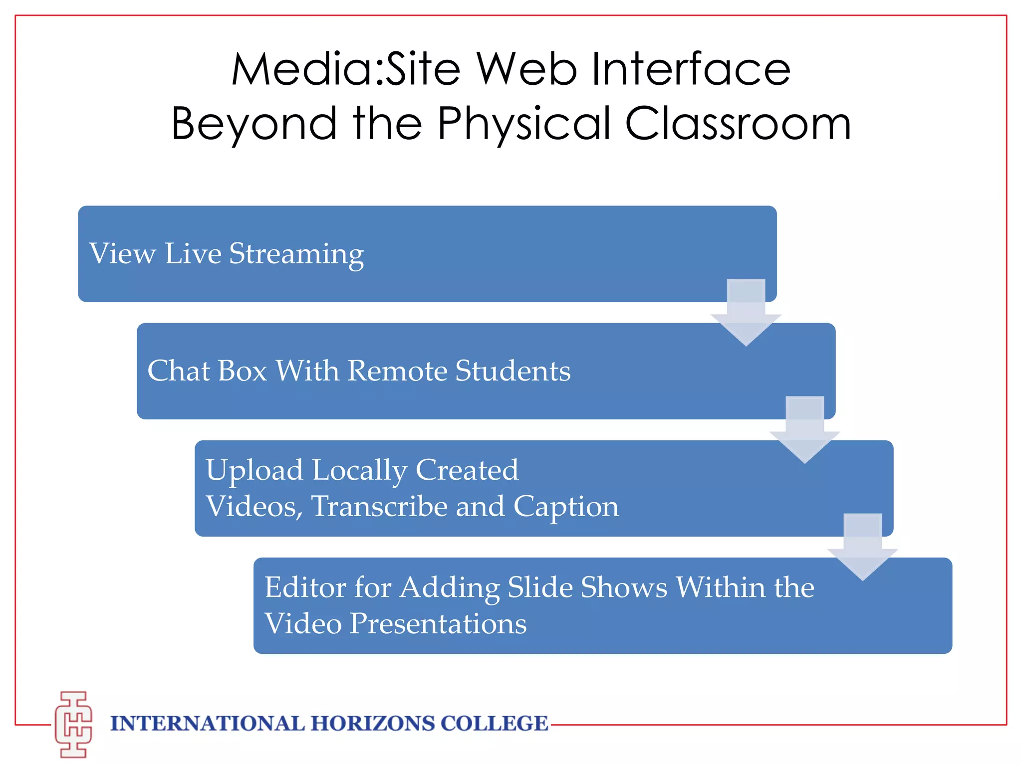 Media:Site Web Interface
Beyond the Physical Classroom
View Live Streaming

Chat Box With Remote Students
Upload Locally Created
Videos, Transcribe and Caption
Editor for Adding Slide Shows Within the
Video Presentations

 