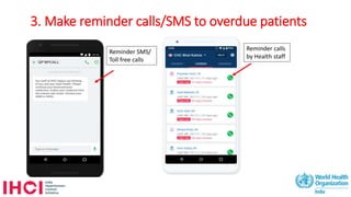 3. Make reminder calls/SMS to overdue patients
Reminder calls
by Health staff
Reminder SMS/
Toll free calls
 