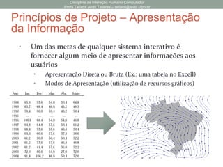 • Um das metas de qualquer sistema interativo é
fornecer algum meio de apresentar informações aos
usuários
• Apresentação Direta ou Bruta (Ex.: uma tabela no Excell)
• Modos de Apresentação (utilização de recursos gráficos)
Disciplina de Interação Humano Computador
Profa Tatiana Aires Tavares – tatiana@lavid.ufpb.br
Princípios de Projeto – Apresentação
da Informação
 