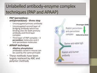 Unlabelled antibody-enzyme complex
techniques (PAP and APAAP)
• PAP (peroxidase-
antiperoxidase) - three step
• Unconjugated primary antibody
• Unconjugated second layer of
bridging antibody which has
binding sites for both primary
antibody and third layer
complex
• Third layer of PAP complex – 3
peroxidase molecules and 2
anti-peroxidase molecules
• APAAP technique
• Alkaline phosphatase
antibodies raised in mouse can
be used by the same principle
• These methods have been
largely replaced by ABC and
polymer methods
 