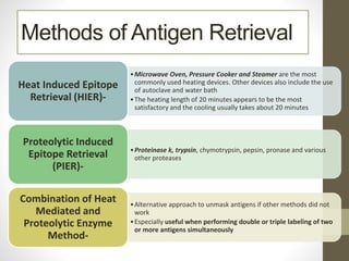 Methods of Antigen Retrieval
•Microwave Oven, Pressure Cooker and Steamer are the most
commonly used heating devices. Other devices also include the use
of autoclave and water bath
•The heating length of 20 minutes appears to be the most
satisfactory and the cooling usually takes about 20 minutes
Heat Induced Epitope
Retrieval (HIER)-
•Proteinase k, trypsin, chymotrypsin, pepsin, pronase and various
other proteases
Proteolytic Induced
Epitope Retrieval
(PIER)-
•Alternative approach to unmask antigens if other methods did not
work
•Especially useful when performing double or triple labeling of two
or more antigens simultaneously
Combination of Heat
Mediated and
Proteolytic Enzyme
Method-
 