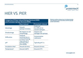 13Immunohistochemistry
www.ptglab.com
HIER VS. PIER
Comparison Of Heat-induced Epitope Retrieval (HIER)
and Proteolytic Epitope Retrieval (PIER)
Heat-induced Proteolytic-induced
Advantage
Smooth
epitope recovery
Preferred
for difficult-to-
recover epitopes
Disadvantage
No impact on cell
morphology
Impacts and
damages the epitope
Difficulties
Unequal
retrieval due to
unequal heating
Concentration
calibration
pH*
Typically pH 6
(citrate), pH 9
(Tris-EDTA)
Typically pH 7.4
Incubation time* Around 20 mins Around 10 mins
Temperature* Around 100ºC Around 37ºC
*Optimal conditions always have to be determined by
              each laboratory and in accordance with the specific
              product information.
 