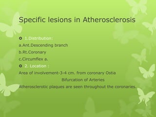 Specific lesions in Atherosclerosis
 1.Distribution:
a.Ant.Descending branch
b.Rt.Coronary
c.Circumflex a.
 2. Location :
Area of involvement-3-4 cm. from coronary Ostia
Bifurcation of Arteries
Atherosclerotic plaques are seen throughout the coronaries.
 