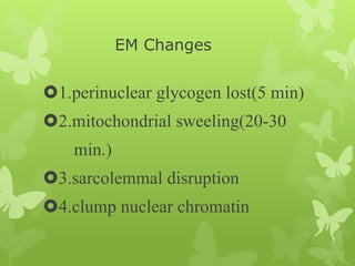 EM Changes
1.perinuclear glycogen lost(5 min)
2.mitochondrial sweeling(20-30
min.)
3.sarcolemmal disruption
4.clump nuclear chromatin
 