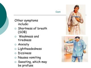 Cont
Other symptoms
include:
 Shortness of breath
(SOB)
 Weakness and
tiredness
 Anxiety
 Lightheadedness
 Dizziness
 Nausea vomiting
 Sweating, which may
be profuse
 