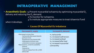 INTRAOPERATIVE MANAGEMENT
• Anaesthetic Goals : 1.Prevent myocardial ischaemia by optimising myocardial O2
delivery and reducing the O2 demand.
2.To monitor for ischaemia.
3.To institute appropriate measures to treat ishaemia if and
when it develops.
• Causes Of Myocardial O2 Imbalance
DecreasedO2 supply IncreasedO2 demand
Decreased coronary flow
•tachycardia (decreased diastolic
perfusion time)
•hypotension (esp diastolic BP)
•hypocapnia (coronary vaso
constriction) coronary vasospam
Decreased O2 content & availability
•anemia
•hypoxemia
•reduced release from Hb i.e ODC
shift to left
•1. tachycardia
•2. increased wall tension
•3. increased preload
•4. increased after load
•5. increased myocardial
contractility
 