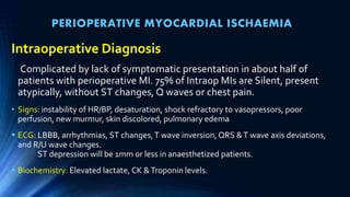 PERIOPERATIVE MYOCARDIAL ISCHAEMIA
Intraoperative Diagnosis
Complicated by lack of symptomatic presentation in about half of
patients with perioperative MI. 75% of Intraop MIs are Silent, present
atypically, without ST changes, Q waves or chest pain.
• Signs: instability of HR/BP, desaturation, shock refractory to vasopressors, poor
perfusion, new murmur, skin discolored, pulmonary edema
 ECG: LBBB, arrhythmias, ST changes,T wave inversion, QRS &T wave axis deviations,
and R/U wave changes.
ST depression will be 1mm or less in anaesthetized patients.
 Biochemistry: Elevated lactate, CK &Troponin levels.
 