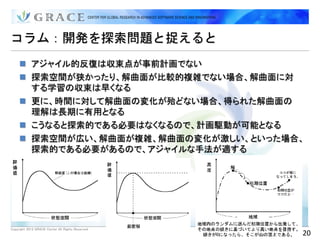 コラム：開発を探索問題と捉えると
      アジャイル的反復は収束点が事前計画でない
      探索空間が狭かったり、解曲面が比較的複雑でない場合、解曲面に対
       する学習の収束は早くなる
      更に、時間に対して解曲面の変化が殆どない場合、得られた解曲面の
       理解は長期に有用となる
      こうなると探索的である必要はなくなるので、計画駆動が可能となる
      探索空間が広い、解曲面が複雑、解曲面の変化が激しい、といった場合、
       探索的である必要があるので、アジャイルな手法が適する




Copyright 2012 GRACE Center All Rights Reserved.
                                                   20
 