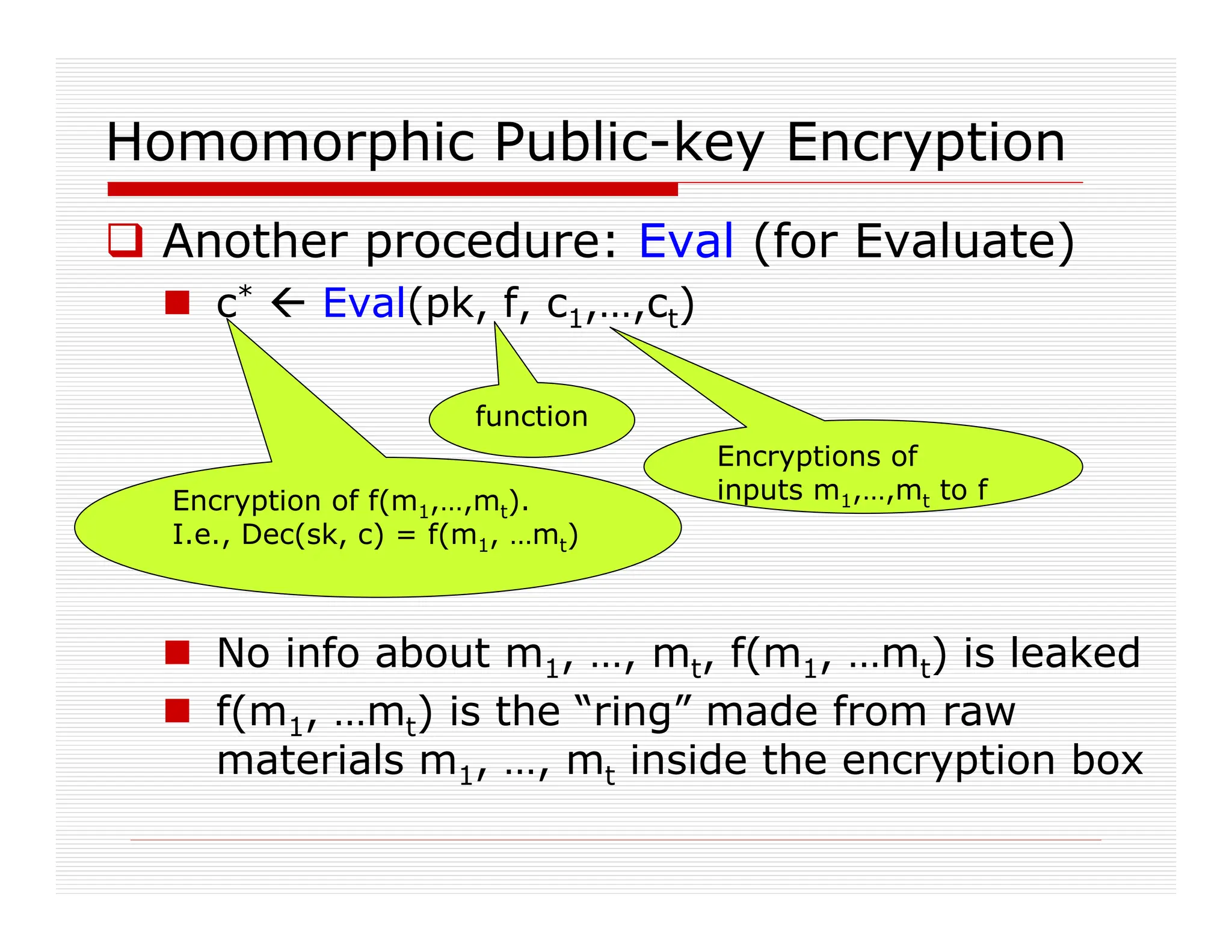 Homomorphic Public-key Encryption
 Another procedure: Eval (for Evaluate)
 c*  Eval(pk, f, c1,…,ct)
 No info about m1, …, mt, f(m1, …mt) is leaked
 f(m1, …mt) is the “ring” made from raw
materials m1, …, mt inside the encryption box
Encryptions of
inputs m1,…,mt to f
function
Encryption of f(m1,…,mt).
I.e., Dec(sk, c) = f(m1, …mt)
 