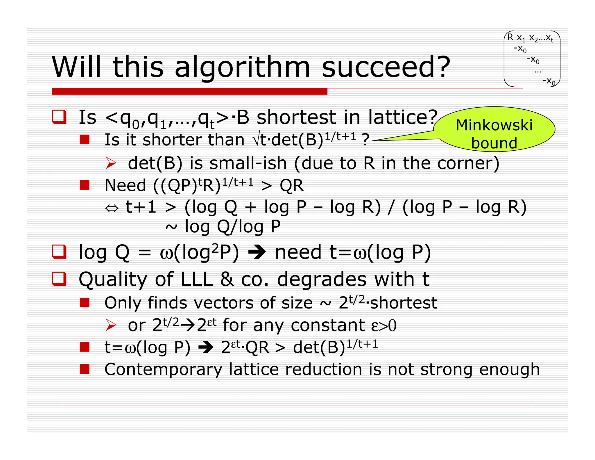 Minkowski
bound
Will this algorithm succeed?
 Is q0,q1,…,qt·B shortest in lattice?
 Is it shorter than ªt·det(B)1/t+1 ?
 det(B) is small-ish (due to R in the corner)
 Need ((QP)tR)1/t+1  QR
g t+1  (log Q + log P – log R) / (log P – log R)
~ log Q/log P
 log Q = ω(log2P)  need t=ω(log P)
 Quality of LLL  co. degrades with t
 Only finds vectors of size ~ 2t/2·shortest
 or 2t/22εt for any constant ε0
 t=ω(log P)  2εt·QR  det(B)1/t+1
 Contemporary lattice reduction is not strong enough
R x1 x2…xt
-x0
-x0
…
-x0
 