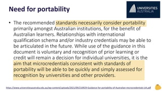 • The recommended standards necessarily consider portability
primarily amongst Australian institutions, for the benefit of
Australian learners. Relationships with international
qualification schema and/or industry credentials may be able to
be articulated in the future. While use of the guidance in this
document is voluntary and recognition of prior learning or
credit will remain a decision for individual universities, it is the
aim that microcredentials consistent with standards of
portability will be able to be quickly and simply assessed for
recognition by universities and other providers.
Need for portability
10
https://www.universitiesaustralia.edu.au/wp-content/uploads/2021/09/210929-Guidance-for-portability-of-Australian-microcredentials-UA.pdf
 