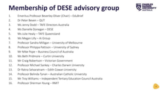1. Emeritus Professor Beverley Oliver (Chair) – EduBrief
2. Dr Peter Beven – QUT
3. Ms Jenny Dodd – TAFE Directors Australia
4. Ms Danielle Donegan – DESE
5. Ms Julie Healy – TAFE Queensland
6. Ms Megan Lilly – Ai Group
7. Professor Sandra Milligan – University of Melbourne
8. Professor Philippa Pattison – University of Sydney
9. Mr Mike Pope – Business Council of Australia
10. Ms Beth Pridmore – Curtin University
11. Mr Craig Robertson – Victorian Government
12. Professor Michael Sankey – Charles Darwin University
13. Dr Ratna Selvaratnam – Edith Cowan University
14. Professor Belinda Tynan – Australian Catholic University
15. Mr Troy Williams – Independent Tertiary Education Council Australia
16. Professor Sherman Young – RMIT
Membership of DESE advisory group
4
 