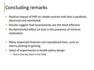 Concluding remarks
• Positive impact of P4P on simple routine task that is perfectly
observed and monitored
• Results sugg...