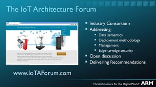 The IoT Architecture Forum
                       Industry Consortium
                       Addressing:
                            Data semantics
                            Deployment methodology
                            Management
                            Edge-to-edge security
                         Open discussion
                         Delivering Recommendations

  www.IoTAForum.com
 