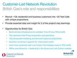 Customer-Led Network Revolution
British Gas’s role and responsibilities
•  Recruit ~12k residential and business customers into ~20 Test Cells
   with unique propositions
•  Provide essential data and insight for 2 of the project’s key learnings

•  Opportunities for British Gas:
    •    Build and test infrastructure for complex Time Of Use (TOU) tariffs
    •    Test domestic Heat Pump proposition and operations
    •    Test enhanced monitoring and demand response propositions
    •    Ascertain customers’ appetite for “intervention tariffs”
    •    Learn how customers with Low Carbon Technologies react to TOU tariffs
    •    Affirm commitment to + leadership in the Smart and Low-Carbon markets


  Slide 18
 