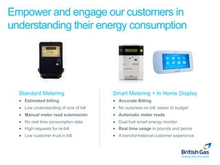Empower and engage our customers in
understanding their energy consumption




  Standard Metering                      Smart Metering + In Home Display
  ■  Estimated billing                   ■  Accurate Billing
  ■  Low understanding of size of bill   ■  No surprises on bill, easier to budget
  ■  Manual meter read submission        ■  Automatic meter reads
  ■  No real time consumption data       ■  Dual fuel smart energy monitor
  ■  High requests for re-bill           ■  Real time usage in pounds and pence
  ■  Low customer trust in bill          ■  A transformational customer experience
 