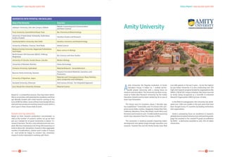 Status Report:Indian Education System 2016
34careers360  research 35careers360  research
Universities with Potential for Excellence
Name of the University Focus Area
Jadavpur University, Salt Lake Campus, Kolkata
Mobile Computing and Communication
and Nano-Science
Pune University, Ganeshkhind Road, Pune Bio-Chemistry  Biotechnology
University of Hyderabad, Kukatpally, Hyderabad,
Andhra Pradesh
Interface Studies and Research
Jawaharlal Nehru University, New Delhi Genetics, Genomics and Biotechnology
University of Madras, Chennai, Tamil Nadu Herbal Science
Madurai Kamraj University, Nagamalai Puthukottai,
Tamil Nadu
Nano science in Biology
North Eastern Hill University (NEHU), Shillong,
Meghalaya
Bio-Sciences and Area Studies
University of Calcutta, Senate House, Calcutta Modern Biology
University of Mumbai, Mumbai Green Technology
Osmania University, Hyderabad Material Research - Social Relevance
Banaras Hindu University, Varanasi
Advance Functional Materials, Genomics and
Proteomics
University of Rajasthan, Jaipur
Materials and Converging Sciences: Nano Particles,
nano-composites and multilayers
Karnatak University, Dharwad Anti-tumour Activity : An Integrated Approach
Guru Nanak Dev University, Amritsar Material Science
Based on a competitive process, they have been identi-
fied as universities with potential for excellence and they
get liberally funded with initial tranche running to the
tune of INR 50 million. Some of them have kicked off very
well and have produced amazing research work within a
short span in their chosen field of work.
Domain-wise top universities
Based on their research publication concentration as
well as the number of research centres set up we have
put up a sample list of good universities in about 12+
research domains.The list is only indicative and not com-
plete.We have maintained a list of top 300 researchers in
India in about 40+ disciplines ( based on their aggregate
number of publications, citation and h-index in Scopus
(c) and would be happy to connect any university/
research centre interested in working with them.
Status Report:Indian Education System 2016
35careers360 research
Amity University
a
mity University, the flagship institution of Amity
Education Group, is India’s no. 1 ranked not-for-
profit private University with a strong focus on
research and innovation. The University has been recog-
nised as ‘India’s Best Research University’ by the Indian
Education Awards and has been ranked by QS as one of
Asia’s top Universities.
The Group since its inception, about 2 decades ago,
has established 7 Universities and 18 schools with cam-
puses across India, London, Singapore, Dubai, NewYork,
California, Mauritius, China, Abu Dhabi, South Africa and
Romania, and is home to over 125,000 students pursuing
world-class education from Pre-nursery to PhD.
The university is working towards impacting India’s
development and global image through education and
research. Towards this end the Amity faculty have filed
over 680 patents in the last 4 years – by far the highest
by any Indian University. It is also conducting over 350
high-end research projects funded by organizations like
DRDO, CSIR  ICM. Unique initiatives like these have led
to Amity being recognized as a Scientific  Industrial
Research Organisation (SIRO) by Govt. of India.
In the field of management, the University has devel-
oped over 1300 case studies in the past years that have
been bought across 47 countries by leading institutions
and organisations.
Amity’s unwavering focus on excellence in research,
globally benchmarked infrastructure and teaching peda-
gogy has resulted in the coveted ‘A’ grade accreditation
by NAAC - a distinction awarded to only 10% of Indian
Universities.
 