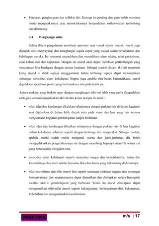 HBAE 1103HBAE 1103
• Perasaan, penghargaan dan refleksi diri. Konsep ini penting dan guru boleh meminta
murid menyatakannya atau memikirkannya berpandukan soalan-soalan terbimbing
dan dirancang.
3.4 Menghargai nilai.
Selain diberi pengalaman membuat apresiasi seni visual secara mudah, murid juga
dipupuk nilai menyayangi dan menghargai segala aspek yang wujud dalam persekitaran dan
kehidupan mereka. Ini termasuk memelihara dan memulihara alam sekitar, nilai patriotisme,
nilai kebersihan dan kepekaan. Dengan ini murid akan dapat membuat pertimbangan yang
sewajarnya bila berdepan dengan semua keadaan. Sebagai contoh dalam aktiviti membuat
kolaj, murid di didik supaya menggunakan bahan terbuang supaya dapat menanamkan
semangat mencintai alam kehidupan. Begitu juga apabila tiba bulan kemerdekaan, murid
digalakkan membuat poster yang bertemakan cinta pada tanah air.
Antara perkara yang berkait rapat dengan menghargai nilai ini ialah yang perlu disepadukan
oleh guru semasa menjalankan aktiviti dan kesan selepas itu ialah :
• nilai, idea dan kandungan dikaitkan selanjutnya dengan perkara lain di dalam kegiatan
seni dijalankan di dalam bilik darjah iaitu pada masa dan hari yang lain semasa
menjalankan kegiatan pembelajaran subjek berlainan.
• nilai, idea dan kandungan dikaitkan selanjutnya dengan perkara lain di luar kegiatan
dalam kehidupan seharian seperti dengan keluarga dan masyarakat. Sebagai contoh,
apabila murid sudah mahir mengenal warna dan jenis-jenisnya, dia boleh
mengaplikasikan pengetahuannya itu dengan menolong bapanya memilih warna cat
yang bersesuaian mengikut tona.
• mencintai alam kehidupan seperti mencintai sungai dan keindahannya, hutan dan
khazanahnya dan alam sekitar bersama flora dan fauna yang terkandung di dalamnya.
• nilai patriotisme dan nilai murni lain seperti semangat cintakan negara atau semangat
bermasyarakat dan seumpamanya dapat diamalkan dan diterapkan secara bersepadu
melalui aktiviti pembelajaran yang berkesan. Selain itu murid diharapkan dapat
mengamalkan nilai-nilai murni seperti bekerjasama, berkeyakinan diri, kekemasan,
kebersihan dan mengutamakan keselamatan.
m/s : 17
 