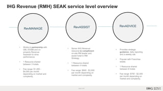 IHG Revenue (RMH) SEAK service level overview
RevMANAGE RevASSIST RevADVICE
• Works in partnership with
GM, DOSM and on
property Revenue
Assistant to drive
performance.
• 1 Resource shared
between 3 hotels
• Fee range: $1,200 -
$4,000 per month
depending on market and
complexity.
• Senior IHG Revenue
resource to compliment
on-site RM leader and
assist hotel in RM
Strategy.
• 1 Resource shared
between 4 hotels
• Fee range: $900 - $3,500
per month depending on
market and complexity.
• Provides strategic
guidance, daily reporting
and a weekly call.
• Popular with Franchise
estate.
• 1 Resource shared
between 8 hotels
• Fee range: $700 - $2,000
per month depending on
market and complexity.
 