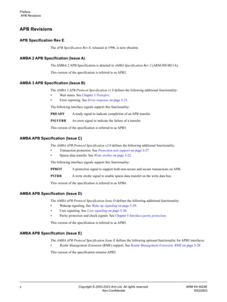 Preface
APB Revisions
x Copyright © 2003-2023 Arm Ltd. All rights reserved. ARM IHI 0024E
Non-Confidential ID022823
APB Revisions
APB Specification Rev E
The APB Specification Rev E, released in 1998, is now obsolete.
AMBA 2 APB Specification (Issue A)
The AMBA 2 APB Specification is detailed in AMBA Specification Rev 2 (ARM IHI 0011A).
This version of the specification is referred to as APB2.
AMBA 3 APB Specification (Issue B)
The AMBA 3 APB Protocol Specification v1.0 defines the following additional functionality:
• Wait states. See Chapter 3 Transfers.
• Error reporting. See Error response on page 3-25.
The following interface signals support this functionality:
PREADY A ready signal to indicate completion of an APB transfer.
PSLVERR An error signal to indicate the failure of a transfer.
This version of the specification is referred to as APB3.
AMBA APB Specification (Issue C)
The AMBA APB Protocol Specification v2.0 defines the following additional functionality:
• Transaction protection. See Protection unit support on page 3-27.
• Sparse data transfer. See Write strobes on page 3-22.
The following interface signals support this functionality:
PPROT A protection signal to support both non-secure and secure transactions on APB.
PSTRB A write strobe signal to enable sparse data transfer on the write data bus.
This version of the specification is referred to as APB4.
AMBA APB Specification (Issue D)
The AMBA APB Protocol Specification Issue D defines the following additional functionality:
• Wakeup signaling. See Wake-up signaling on page 3-29.
• User signaling. See User signaling on page 3-30.
• Parity protection and check signals. See Chapter 5 Interface parity protection.
This version of the specification is referred to as APB5.
AMBA APB Specification (Issue E)
The AMBA APB Protocol Specification Issue E defines the following optional functionality for APB5 interfaces:
• Realm Management Extension (RME) support. See Realm Management Extension, RME on page 3-28.
This version of the specification remains APB5.
 