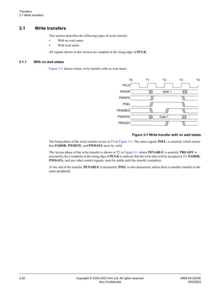 Transfers
3.1 Write transfers
3-20 Copyright © 2003-2023 Arm Ltd. All rights reserved. ARM IHI 0024E
Non-Confidential ID022823
3.1 Write transfers
This section describes the following types of write transfer:
• With no wait states
• With wait states
All signals shown in this section are sampled at the rising edge of PCLK.
3.1.1 With no wait states
Figure 3-1 shows a basic write transfer with no wait states.
Figure 3-1 Write transfer with no wait states
The Setup phase of the write transfer occurs at T1 in Figure 3-1. The select signal, PSEL, is asserted, which means
that PADDR, PWRITE, and PWDATA must be valid.
The Access phase of the write transfer is shown at T2 in Figure 3-1 where PENABLE is asserted. PREADY is
asserted by the Completer at the rising edge of PCLK to indicate that the write data will be accepted at T3. PADDR,
PWDATA, and any other control signals, must be stable until the transfer completes.
At the end of the transfer, PENABLE is deasserted. PSEL is also deasserted, unless there is another transfer to the
same peripheral.
PCLK
PADDR
PWRITE
PSEL
T0 T1 T2 T3 T4
PENABLE
PWDATA
PREADY
Addr 1
Data 1
 