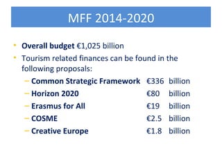 MFF 2014-2020
• Overall budget €1,025 billion
• Tourism related finances can be found in the
  following proposals:
   – Common Strategic Framework €336 billion
   – Horizon 2020                    €80 billion
   – Erasmus for All                 €19 billion
   – COSME                           €2.5 billion
   – Creative Europe                 €1.8 billion
 