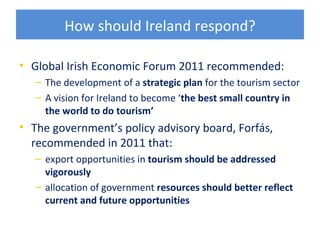 How should Ireland respond?

• Global Irish Economic Forum 2011 recommended:
   – The development of a strategic plan for the tourism sector
   – A vision for Ireland to become ‘the best small country in
     the world to do tourism’
• The government’s policy advisory board, Forfás,
  recommended in 2011 that:
   – export opportunities in tourism should be addressed
     vigorously
   – allocation of government resources should better reflect
     current and future opportunities
 