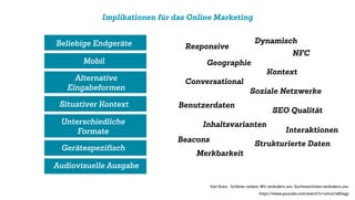 Implikationen für das Online Marketing
Beliebige Endgeräte
Mobil
Alternative
Eingabeformen
Situativer Kontext
Unterschiedliche
Formate
Gerätespeziﬁsch
Audiovisuelle Ausgabe
Karl Kratz - Schöner ranken: Wir verändern uns. Suchmaschinen verändern uns.
https://www.youtube.com/watch?v=uUv47a8Swgs
Responsive
Dynamisch
Inhaltsvarianten
Kontext
NFC
Benutzerdaten
Strukturierte Daten
SEO Qualität
Conversational
Soziale Netzwerke
Geographie
Merkbarkeit
Interaktionen
Beacons
 