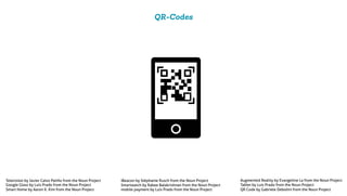 QR-Codes
Smart Home by Aaron K. Kim from the Noun Project
Google Glass by Luis Prado from the Noun Project
Television by Javier Calvo Patiño from the Noun Project Augmented Reality by Evangeline La from the Noun Project
Tablet by Luis Prado from the Noun Project
QR Code by Gabriele Debolini from the Noun Project
iBeacon by Stéphanie Rusch from the Noun Project
mobile payment by Luis Prado from the Noun Project
Smartwatch by Rabee Balakrishnan from the Noun Project
 