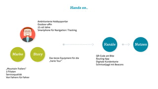 Hands on…
Kanäle Nutzen
Marke Story
„Mountain Trailers“
3 Filialen
Servicequalität
Von Fahrern für Fahrer
Ambitionierte Hobbysportler
Outdoor-aﬃn
25-40 Jahre
Smartphone für Navigation / Tracking
Das beste Equipment für die
„harte Tour“
QR-Code am Bike
Routing-App
Digitale Kundenkarte
Schnitzeljagd mit Beacons
 