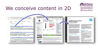 @nozurbinaCustomer experience is 4D
1. Length
2. Width
3. Depth
– “Drill down”
– Progressive disclosure
– Multi-asset relationships /
references
– Search/Social
4. Time
– Dynamic, real-time content
– Audience/context-specific content
12
3
6
9
 