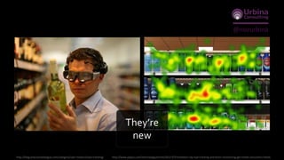 @nozurbinaWearables
• Watch
• Wristband
• Armbands
• Belt clip
• Body-embedded
• Headmounted
– PIP, Overlay (augmented reality),
Virtual reality, EEG
• Clothing
– Shirt, Short, Glove/band, Ring,
Pants
• Sport & fitness
• Quantified self
• Healthcare
• Security
• Gaming
• Control
– Computer, music, industrial equip,
military, home appliances
• Data accessibility
• Fashion
• Efficiency & convenience
Form factor Application
 