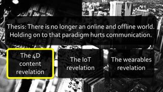 Digital =
computerised
(but use
interchangeably
with ‘Online’)
Offline =
our physical,
material
world
Online =
mediated via
the internet
 