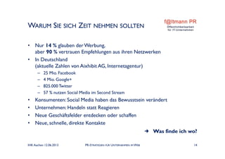 WARUM SIE SICH ZEIT NEHMEN SOLLTEN
• Nur 14 % glauben der Werbung,
aber 90 % vertrauen Empfehlungen aus ihren Netzwerken
• In Deutschland
(aktuelle Zahlen von Aixhibit AG, Internetagentur)
– 25 Mio. Facebook
– 4 Mio. Google+
– 825.000Twitter
– 57 % nutzen Social Media im Second Stream
• Konsumenten: Social Media haben das Bewusstsein verändert
• Unternehmen: Handeln statt Reagieren
• Neue Geschäftsfelder entdecken oder schaffen
• Neue, schnelle, direkte Kontakte
 Was finde ich wo?
IHK Aachen 12.06.2013 PR-STRATEGIEN FÜR UNTERNEHMEN IM WEB 14
 