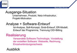 Ausgangs-Situation Unternehmen, Produkt, Netz-Infrastruktur, Projekt-Motivation Analyse + Software-Entwurf Ist-Analyse, Soll-Konzept, Grob-Entwurf, ER-Modell, Entwurf der Programme, Trennung CID+Billing  Realisierung Verwendete Software-Technologie, Vorstellung der erstellten Software: Webseite, Rechnung, Einzelverbindungsnachweis Ausblick 