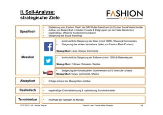 17.07.2013 I IHK I Sophia Wagner Fashion Flash - Social Media Strategie
II. Soll-Analyse:
strategische Ziele
• Etablierung von „Fashion Flash“ als DAS Outlet-Sale-Event (in D) über Social Media Kanäle
• Aufbau von Bekanntheit in lokalen Crowds & Zielgruppen (an den Sale-Standorten)
• regelmäßige, effiziente Kundenkommunikation
• Steigerung des Social Brandings
Akzeptiert
Spezifisch
Messbar
Realistisch
Terminierbar
• Erfolge anhand der Messgrößen sichtbar
• regelmäßige Channelbetreuung & -optimierung, Kundenkontakte
• innerhalb der nächsten 36 Monate
• kontinuierliche Steigerung der Follower (mind. 1200) & Retweetquote
Messgrößen: Follower, Retweets, Replies
• kontinuierliche Steigerung der Likes (mind. 3600), Shares & Kommentare
• Steigerung des viralen Verbreitens (teilen von Fashion Flash Content)
Messgrößen: Likes, Shares, Comments
• Steigerung der Kontaktzahlen (Kommentare auf & Views der) Videos
Messgrößen: Views, Comments, Shares
13
 